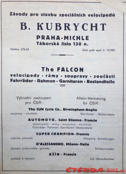 "The Falcon" B.Kubrycht, Praha, závodní kolo, Čechy 1937
