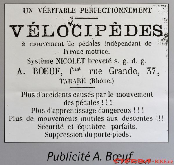 Velociped s volnoběhem - A.Boeuf, Francie (System NICOLET), 1869